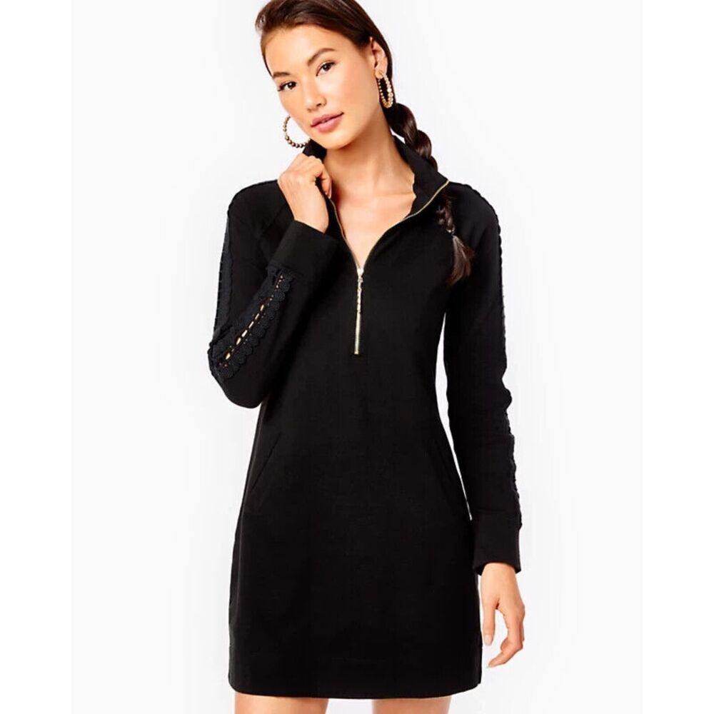 Lilly Pulitzer Skipper Popover Dress Lace Embroidered Sleeves Black XS